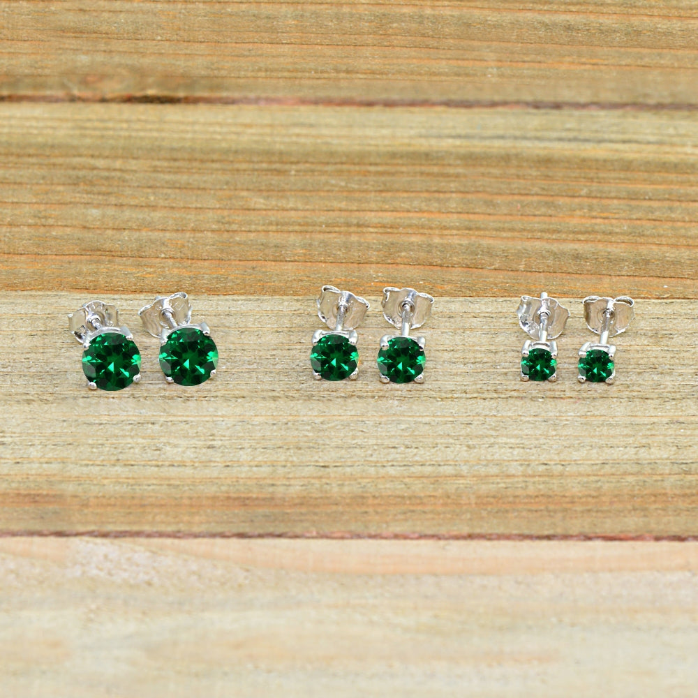 3-Pair Set Sterling Silver Simulated Emerald Round Stud Earrings, 3mm 4mm 5mm-3