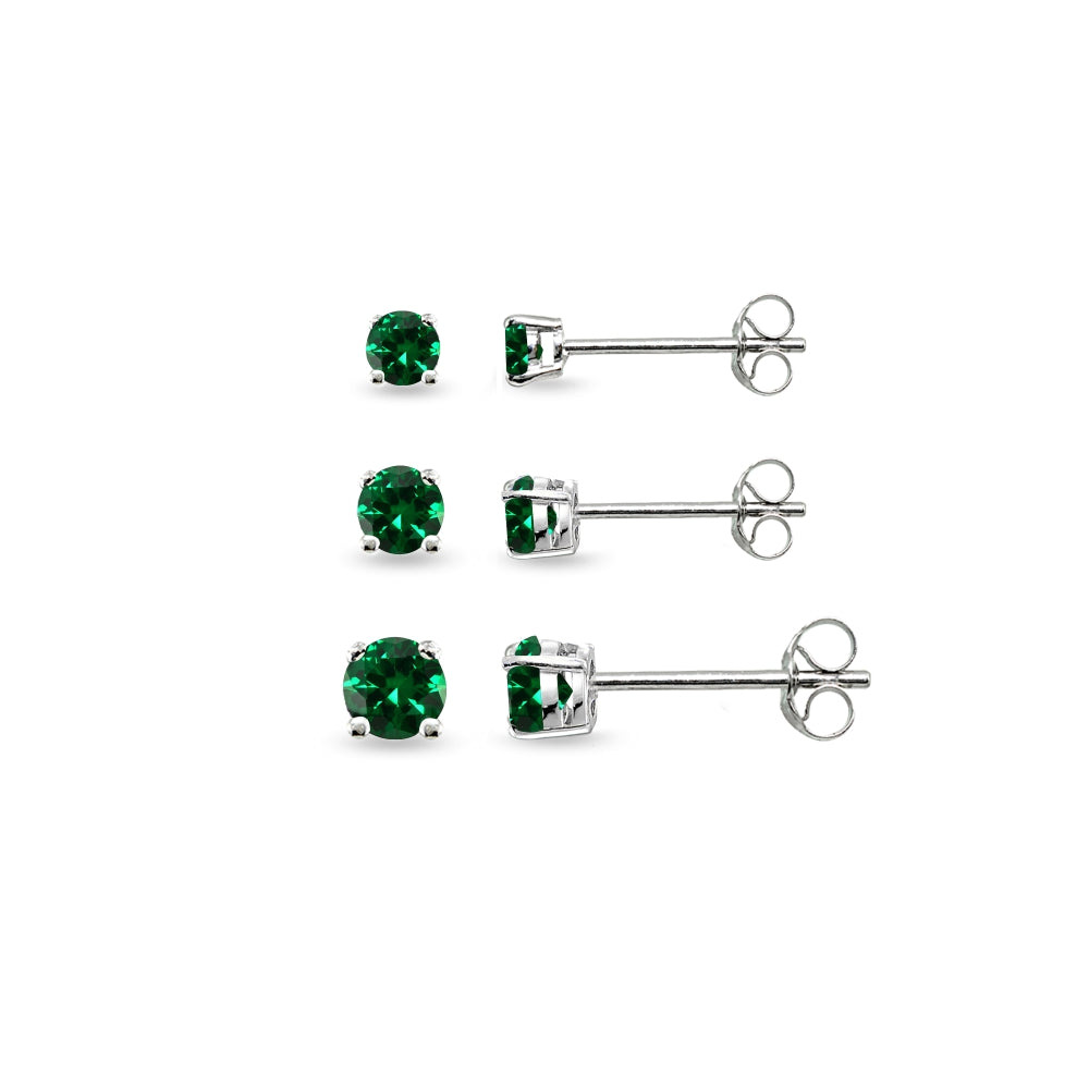 3-Pair Set Sterling Silver Simulated Emerald Round Stud Earrings, 3mm 4mm 5mm-4