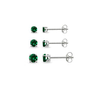 3-Pair Set Sterling Silver Simulated Emerald Round Stud Earrings, 3mm 4mm 5mm