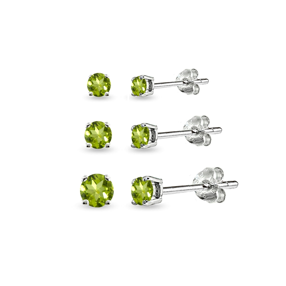 3-Pair Set Sterling Silver Peridot Round Stud Earrings, 3mm 4mm 5mm