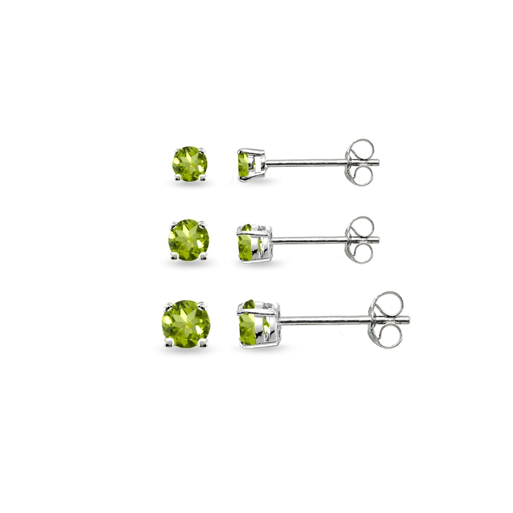 3-Pair Set Sterling Silver Peridot Round Stud Earrings, 3mm 4mm 5mm-4