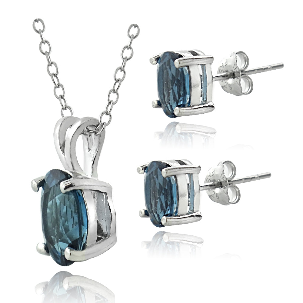 Sterling Silver 4.2ct London Blue Topaz Oval Solitaire Necklace & Earrings Set-2