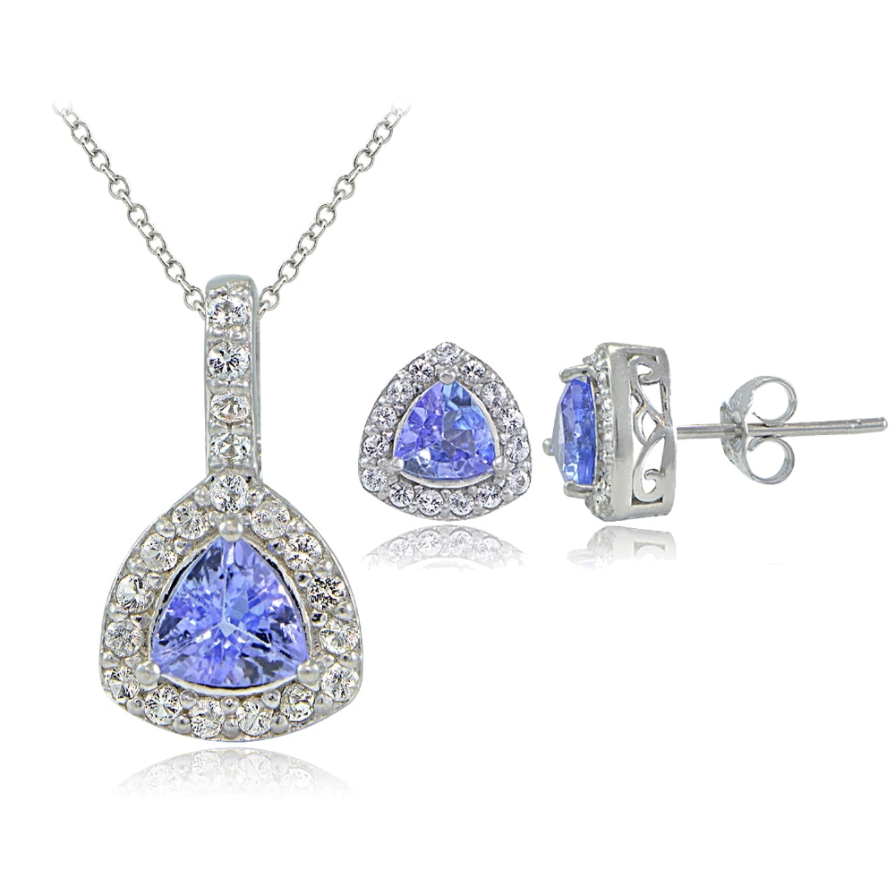 Sterling Silver Tanzanite & White Topaz Trillion-Cut Necklace & Earrings Set