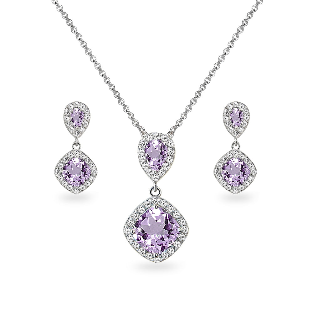 Sterling Silver Amethyst & White Topaz Dangle Earrings & Necklace Set