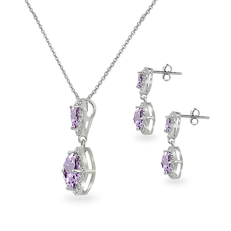 Sterling Silver Amethyst & White Topaz Dangle Earrings & Necklace Set