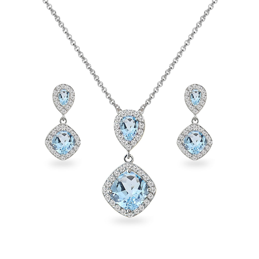 Sterling Silver Blue Topaz & White Topaz Dangle Earrings & Necklace Set