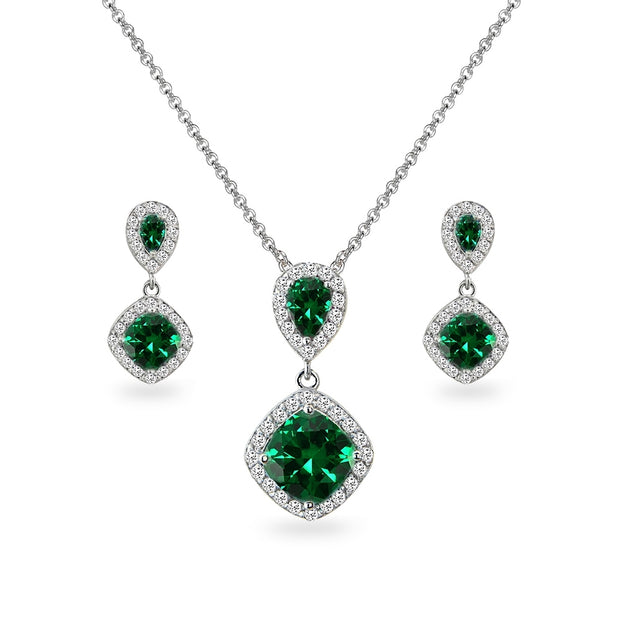 Sterling Silver Created Emerald & White Topaz Dangle Earrings & Necklace Set
