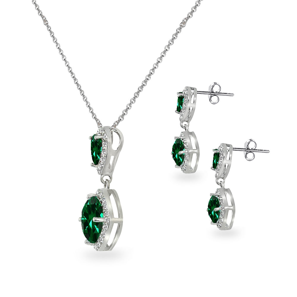 Sterling Silver Created Emerald & White Topaz Dangle Earrings & Necklace Set-2