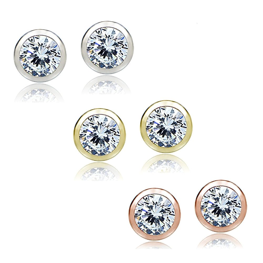Sterling Silver 3ct Cubic Zirconia Bezel-Set 5mm Stud Earrings, Set of 3
