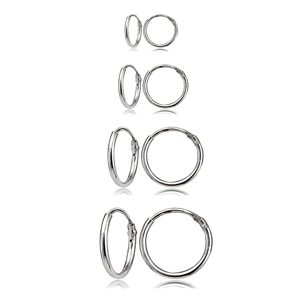 4 Pair Set Sterling Silver 10mm, 12mm, 14mm & 16mm Tiny Small Lightweight Thin Round Continuous Endless Unisex Hoop Earrings