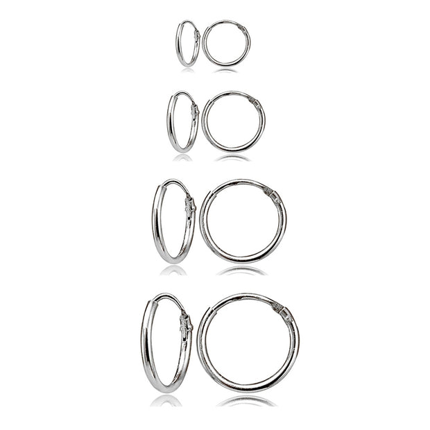 4 Pair Set Sterling Silver 10mm, 12mm, 14mm & 16mm Tiny Small Lightweight Thin Round Continuous Endless Unisex Hoop Earrings