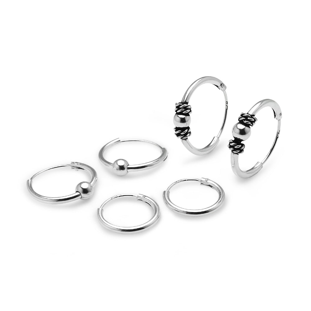Sterling Silver 10mm, 12mm & 14mm Polished Bead and Bali Bead Endless Hoop Earrings, Set of 3