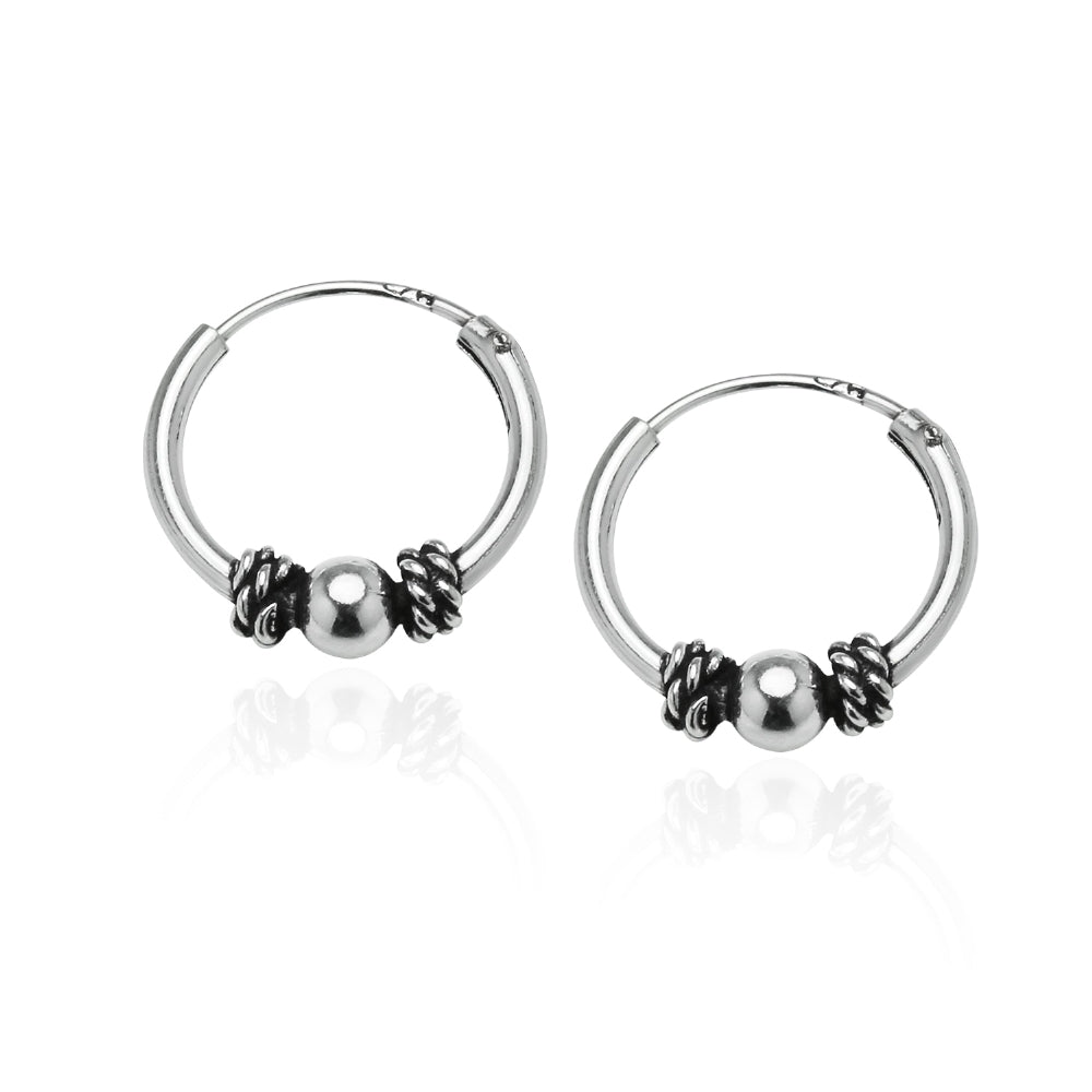 Sterling Silver 10mm, 12mm & 14mm Polished Bead and Bali Bead Endless Hoop Earrings, Set of 3-4