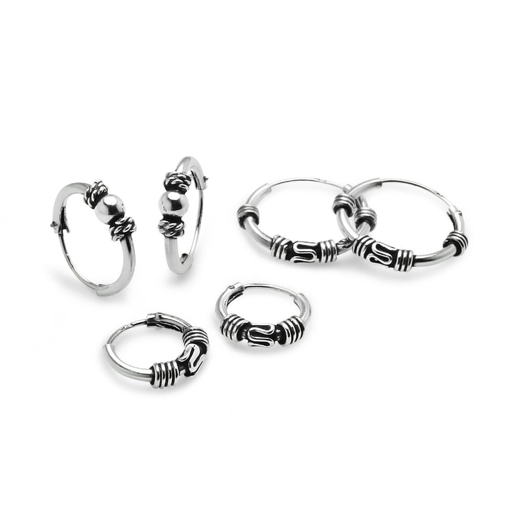 Sterling Silver Set of Three 10mm, 12mm & 14mm Bali Bead and Bali Endless Hoop Earrings