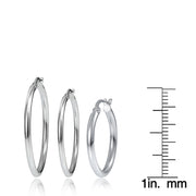 Set of 3 Sterling Silver 2mm Polished Round Hoop Earrings, 20mm, 25mm 30mm