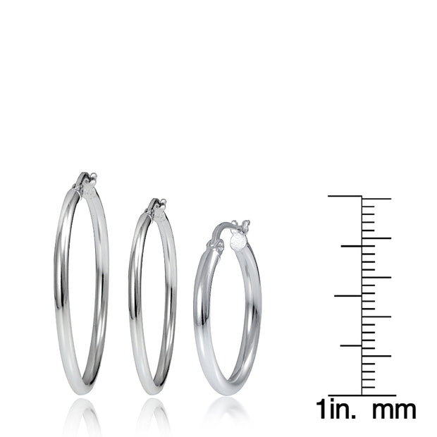 Set of 3 Sterling Silver 2mm Polished Round Hoop Earrings, 20mm, 25mm 30mm