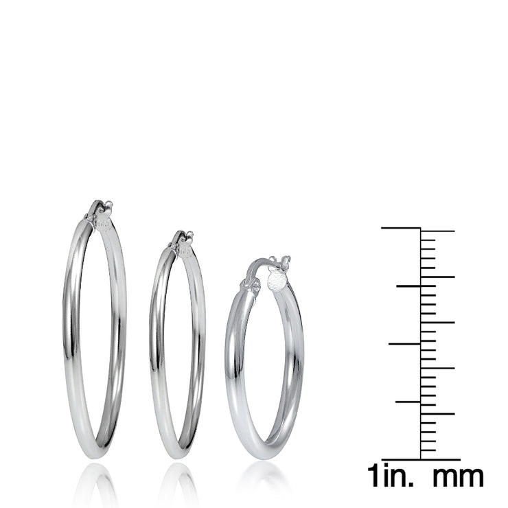 Set of 3 Sterling Silver 2mm Polished Round Hoop Earrings, 20mm, 25mm 30mm