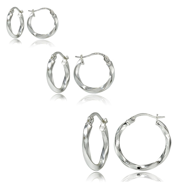 Set of 3 Sterling Silver 2mm Twist Hoop Earrings, 20mm, 25mm, 35mm