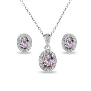 Sterling Silver Created Alexandrite and White Topaz Oval Halo Necklace and Stud Earrings Set
