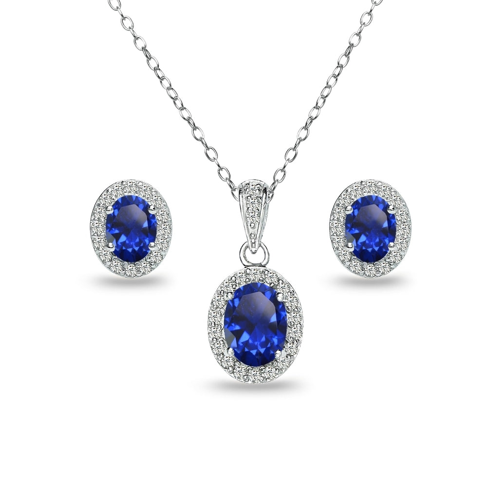 Sterling Silver Created Blue Sapphire and White Topaz Oval Halo Necklace and Stud Earrings Set