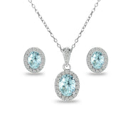 Sterling Silver Blue Topaz and White Topaz Oval Halo Necklace and Stud Earrings Set