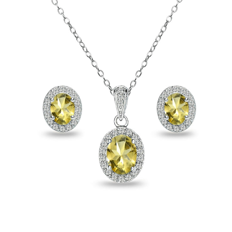 Sterling Silver Citrine and White Topaz Oval Halo Necklace and Stud Earrings Set