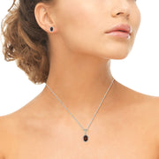 Sterling Silver Garnet and White Topaz Oval Halo Necklace and Stud Earrings Set