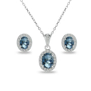 Sterling Silver London Blue Topaz and White Topaz Oval Halo Necklace and Stud Earrings Set