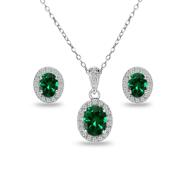Sterling Silver Created Emerald and White Topaz Oval Halo Necklace and Stud Earrings Set