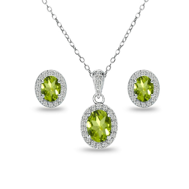Sterling Silver Peridot and White Topaz Oval Halo Necklace and Stud Earrings Set