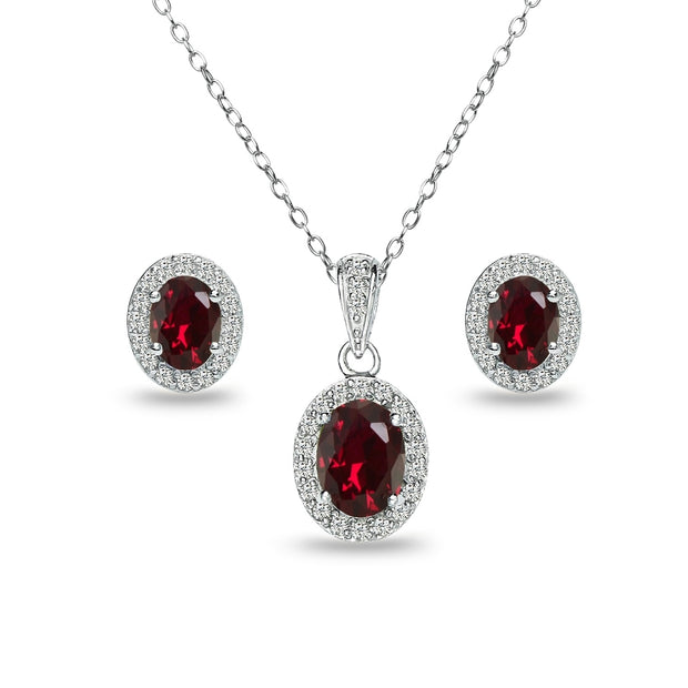 Sterling Silver Created Ruby and White Topaz Oval Halo Necklace and Stud Earrings Set