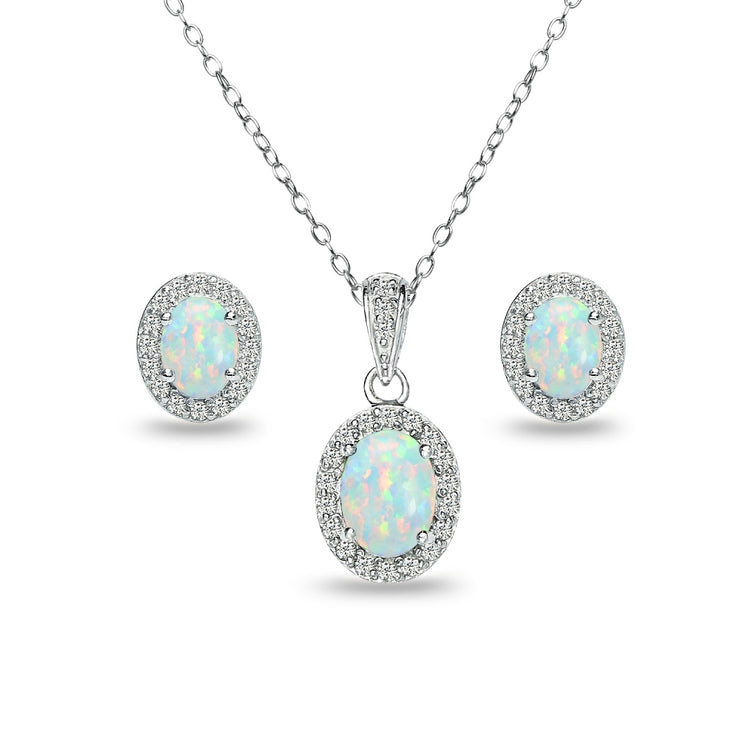 Sterling Silver Created White Opal and White Topaz Oval Halo Necklace and Stud Earrings Set