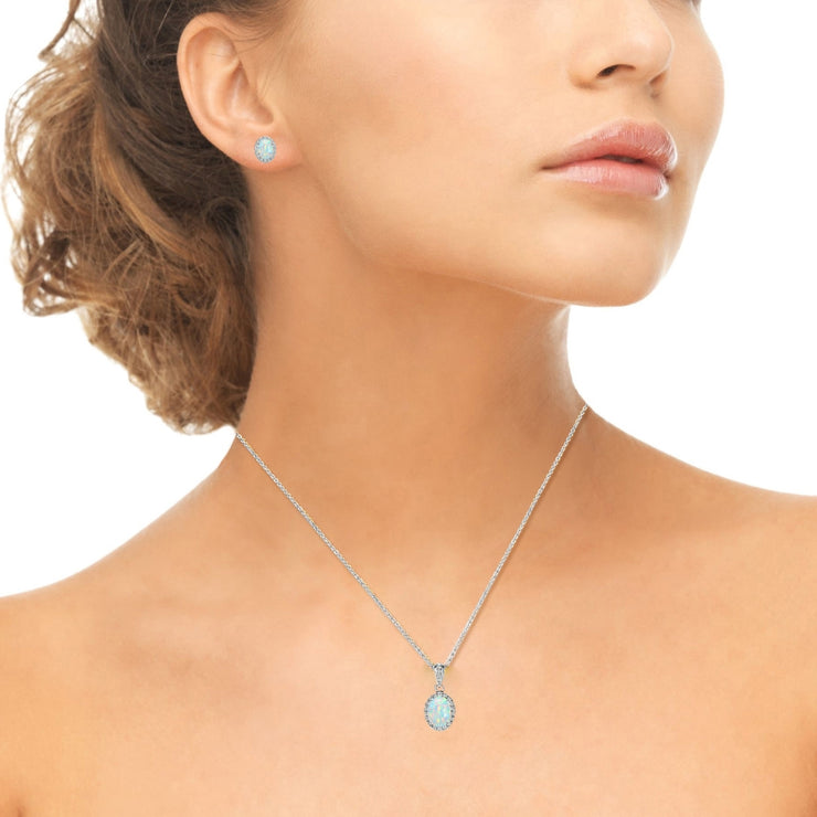Sterling Silver Created White Opal and White Topaz Oval Halo Necklace and Stud Earrings Set