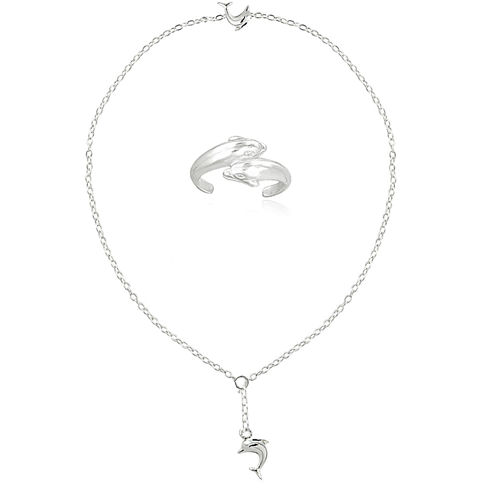 Sterling Silver Dolphins Anklet and Toe Ring Set