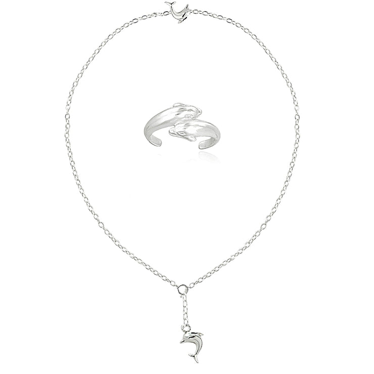 Sterling Silver Dolphins Anklet and Toe Ring Set