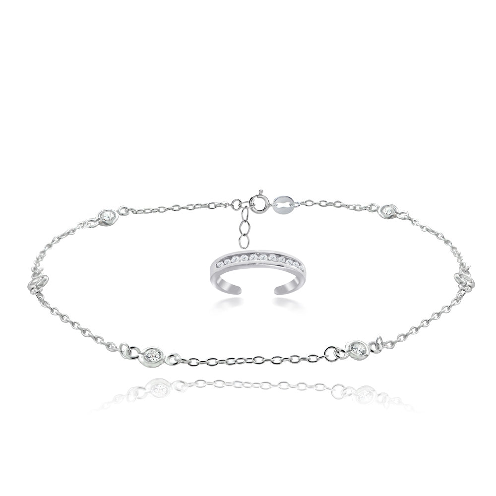 Sterling Silver Cubic Zirconia Anklet and Toe Ring Set