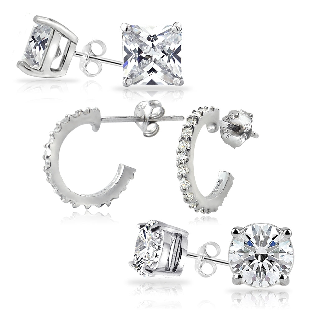 Sterling Silver Cubic Zirconia Half Hoop, Square Stud and Round Stud Earrings Set