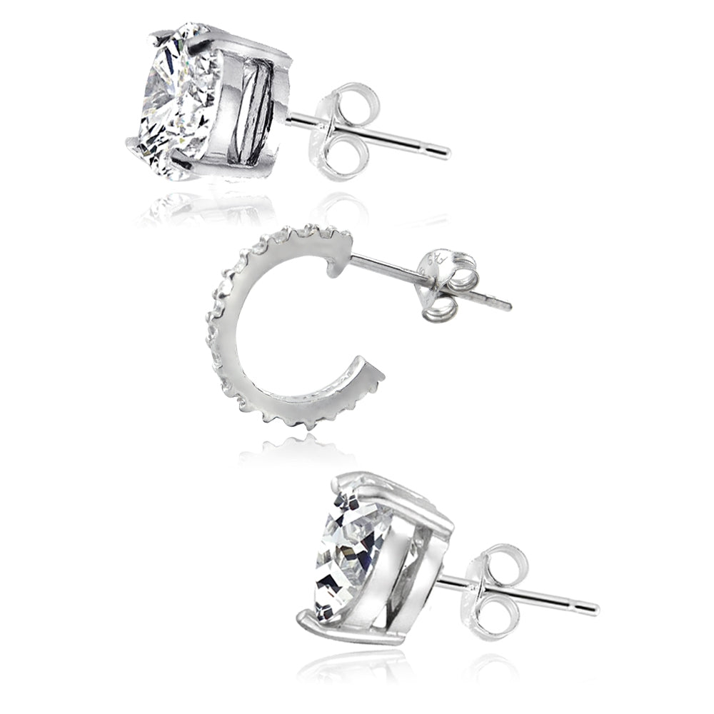 Sterling Silver Cubic Zirconia Half Hoop, Square Stud and Round Stud Earrings Set-2