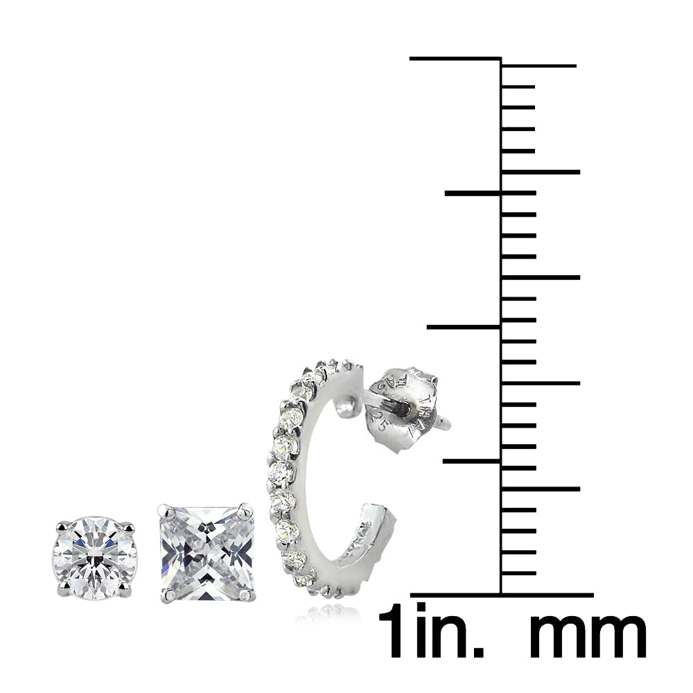 Sterling Silver Cubic Zirconia Half Hoop, Square Stud and Round Stud Earrings Set-3