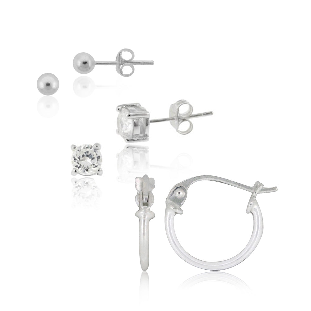 Sterling Silver Cubic Zirconia Round Stud, Sterling Silver Small Wire Hoop and Sterling Silver Round Bead Stud Earrings Set