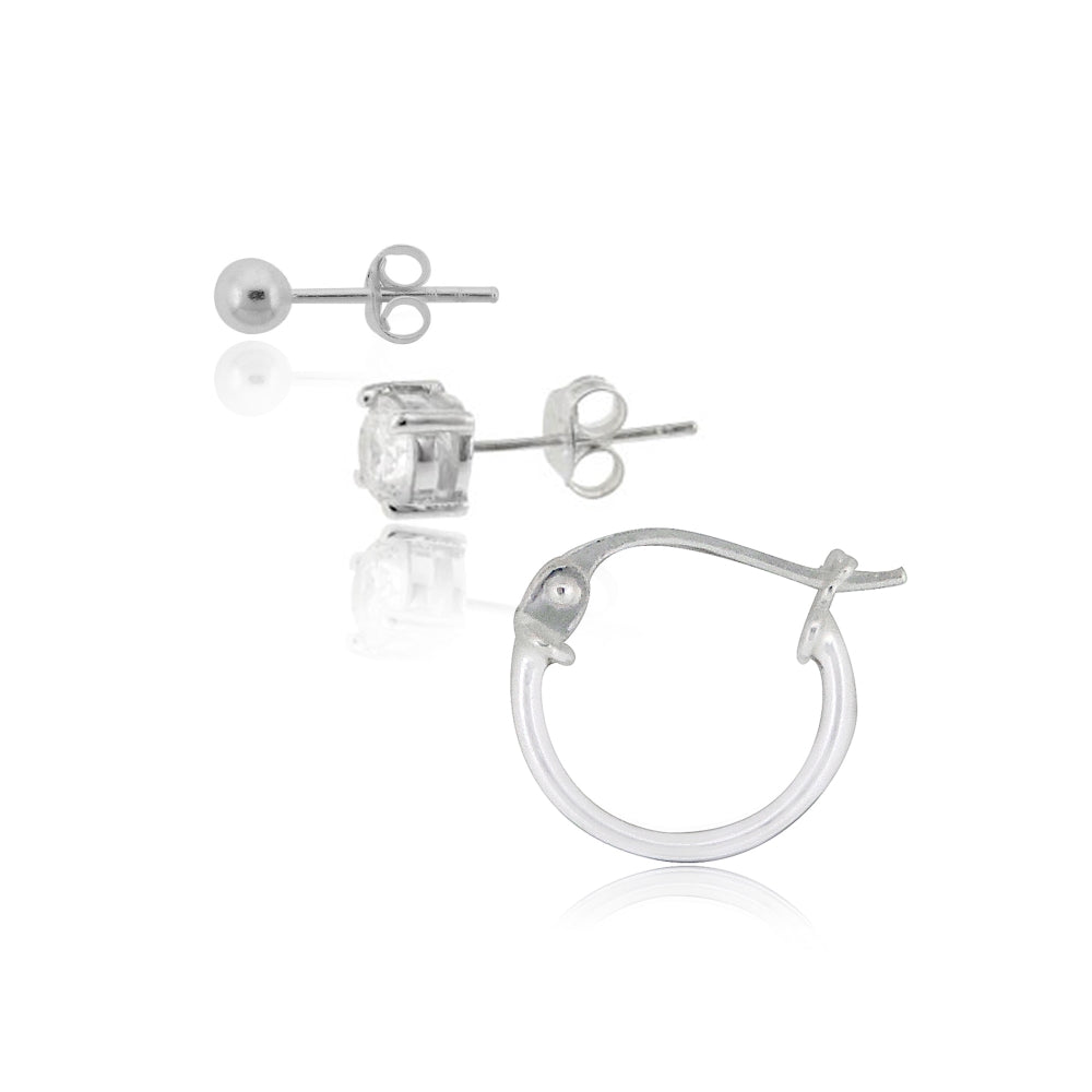 Sterling Silver Cubic Zirconia Round Stud, Sterling Silver Small Wire Hoop and Sterling Silver Round Bead Stud Earrings Set-2