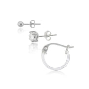 Sterling Silver Cubic Zirconia Round Stud, Sterling Silver Small Wire Hoop and Sterling Silver Round Bead Stud Earrings Set