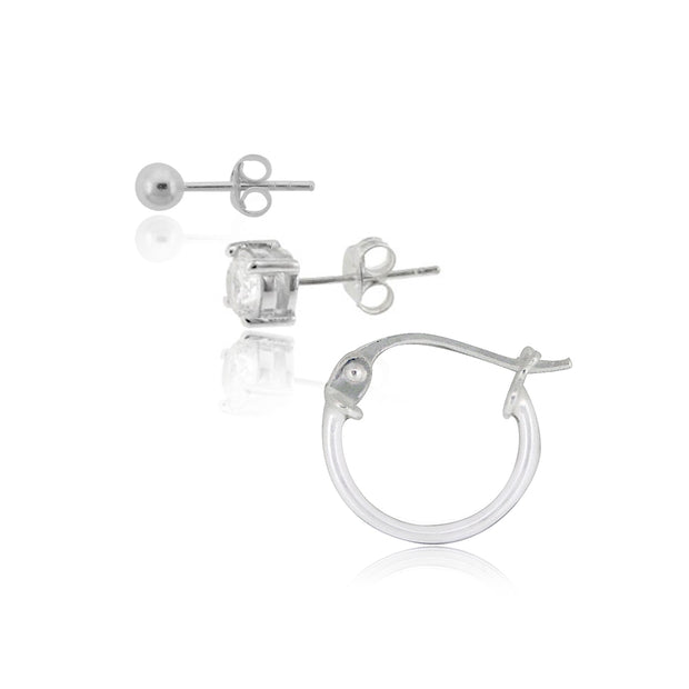 Sterling Silver Cubic Zirconia Round Stud, Sterling Silver Small Wire Hoop and Sterling Silver Round Bead Stud Earrings Set