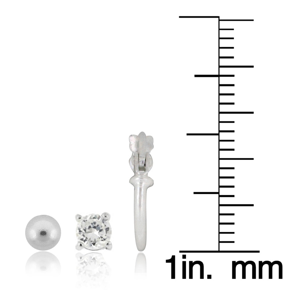 Sterling Silver Cubic Zirconia Round Stud, Sterling Silver Small Wire Hoop and Sterling Silver Round Bead Stud Earrings Set-3