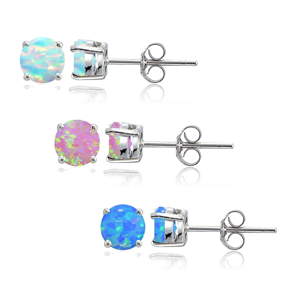 Sterling Silver Blue White and Pink Created Opal 4mm Round Stud Earrings, Set of 3