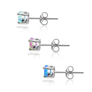 Sterling Silver Blue White and Pink Created Opal 4mm Round Stud Earrings, Set of 3