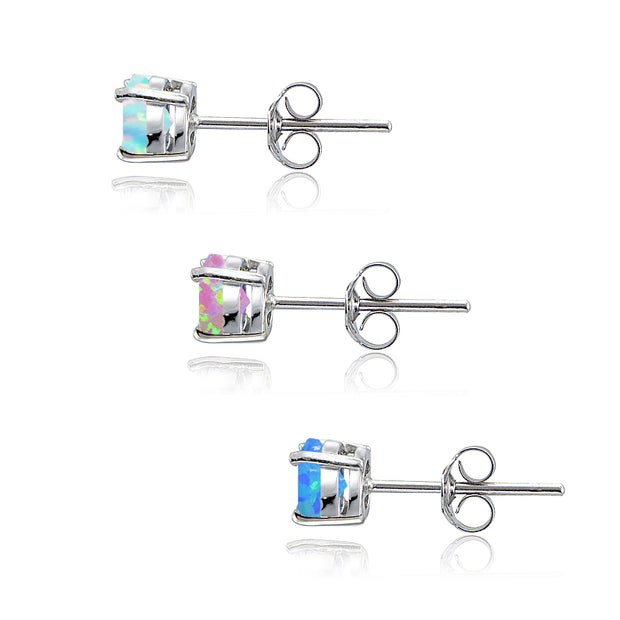 Sterling Silver Blue White and Pink Created Opal 4mm Round Stud Earrings, Set of 3