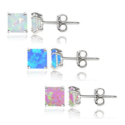 Sterling Silver Multi Color Created Opal Set of 3 Square Stud Earrings Set 4mm