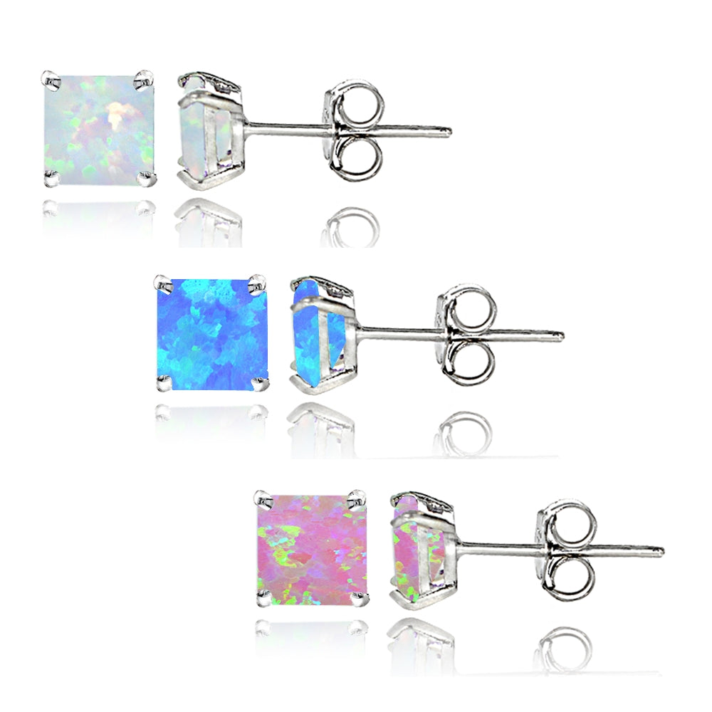 Sterling Silver Multi Color Created Opal Set of 3 Square Stud Earrings Set 4mm-2