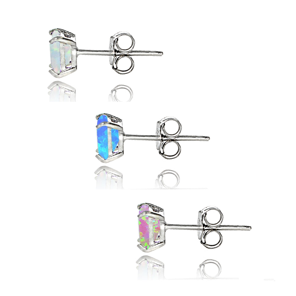 Sterling Silver Multi Color Created Opal Set of 3 Square Stud Earrings Set 4mm-3